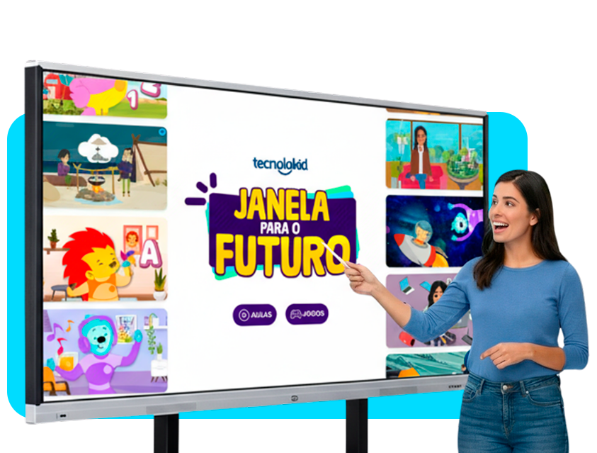Professora usando o Janela para o Futuro em uma tela interativa com a turma