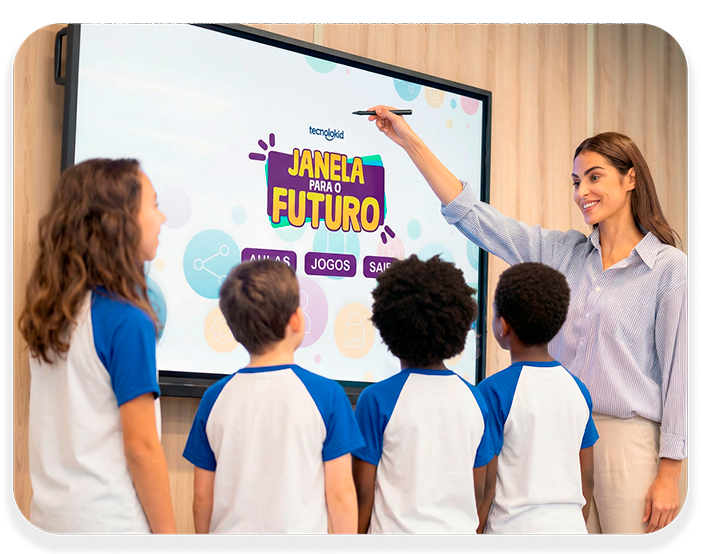 Professora e alunos usando a tela interativa durante a aula