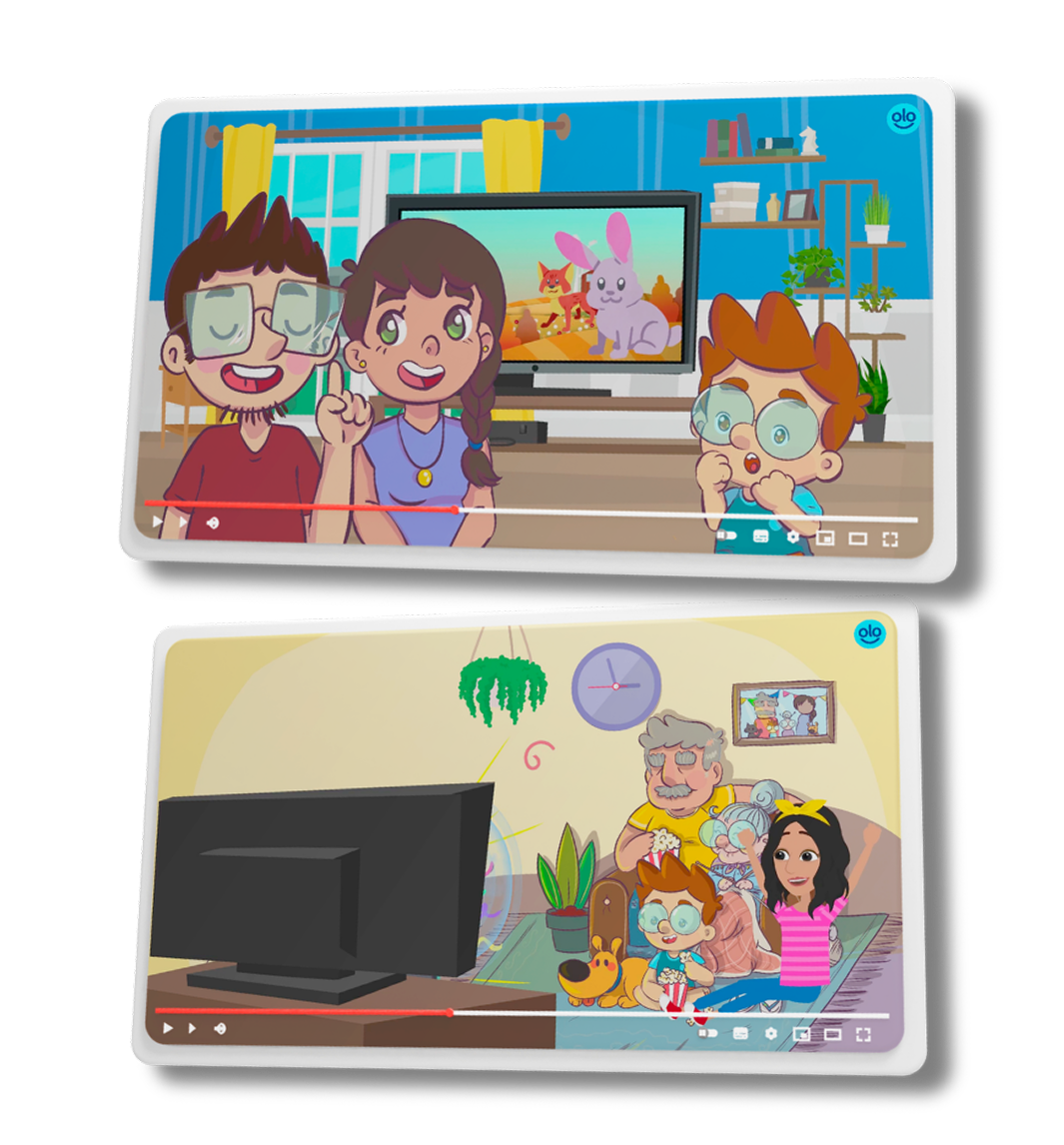 Dos escenas de videos animados de la Plataforma OLO: una familia conversando en la sala y niños viendo televisión con sus abuelos