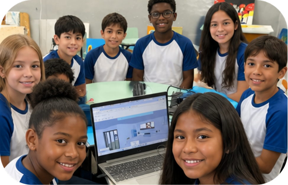 Grupo de estudiantes sonrientes alrededor de una mesa con una computadora portátil abierta en la Plataforma OLO